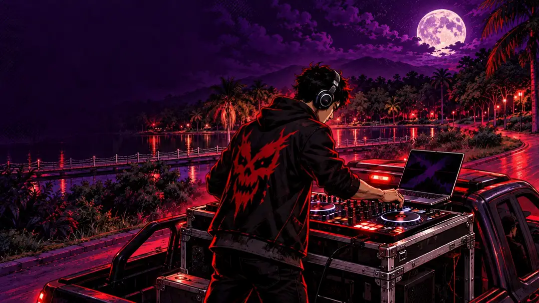 Ilustración de un DJ con consola y laptop en una camioneta junto al lago; al avanzar la historia aparecen corredores disfrazados.