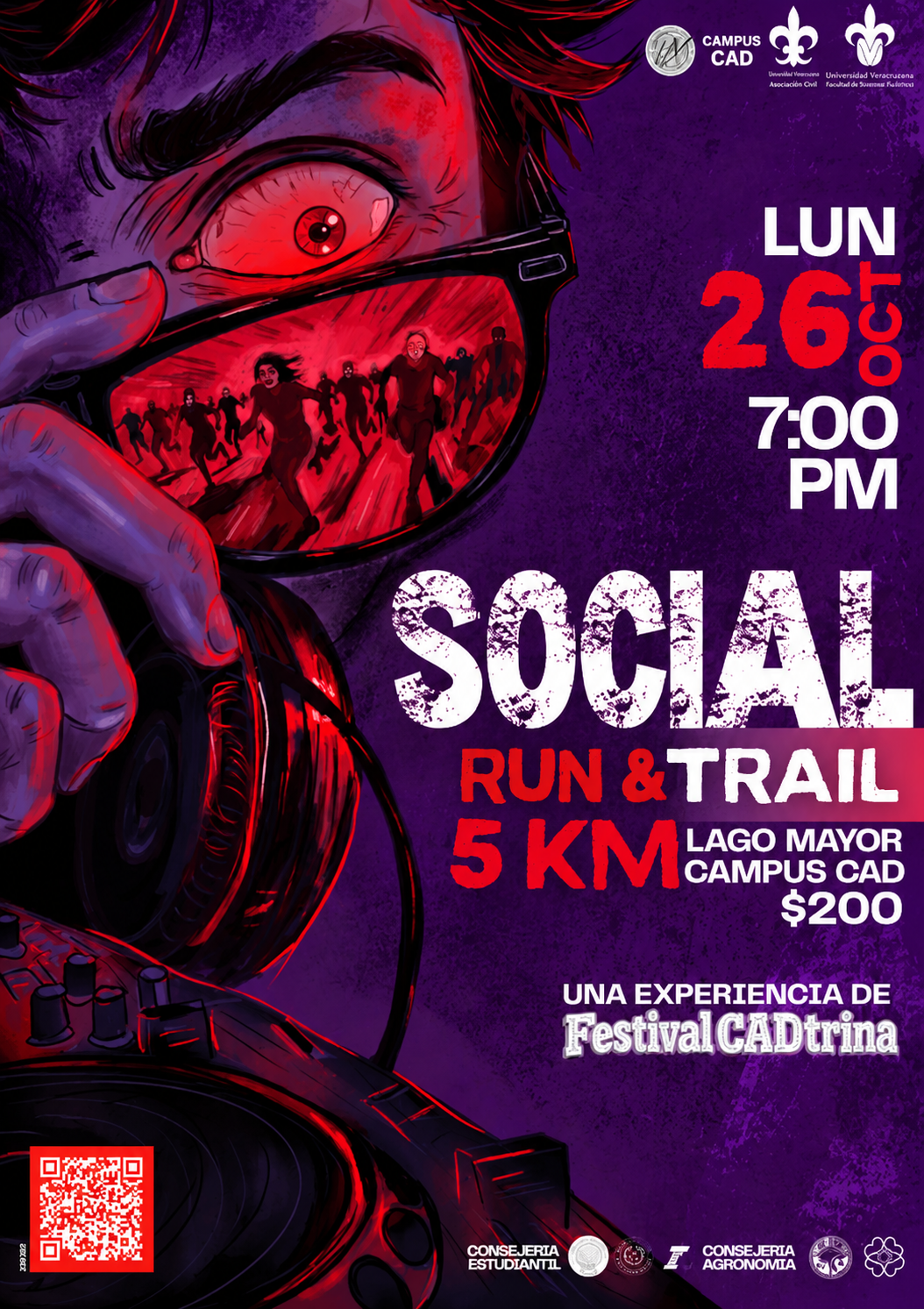 Flyer oficial proporcionado de Social Run & Trail: 5 km, lunes 26 de octubre a las 7:00 PM, Lago Mayor Campus CAD, boleto $200. Una experiencia de Festival CADtrina.